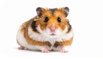 A cute fluffy Syrian hamster with brown, black, and white fur sitting on a white background, looking directly at the camera.