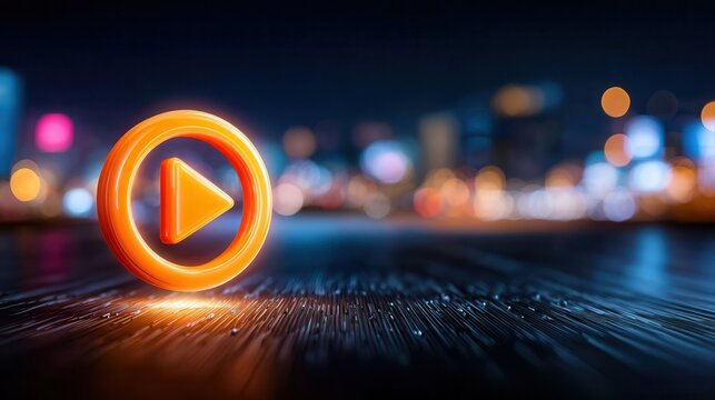 Glowing play button icon on futuristic city background at night - Powered by Adobe