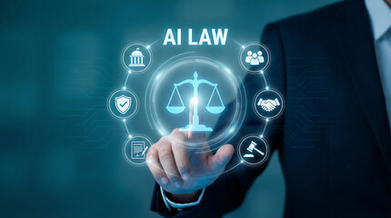 businessman pointing at virtual ai law interface with glowing digital scales of justice and legal icons for artificial intelligence regulation and cyber security technology