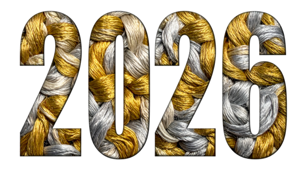 Woven gold and silver strands form the numbers 2026 against black - Powered by Adobe