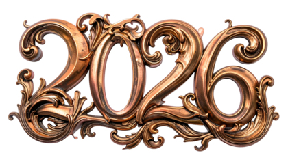 Ornate bronze 2026 year design with floral scrollwork against black