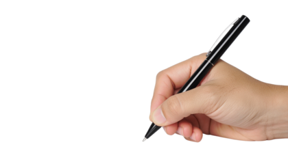 Hand holding a black pen, fingers visible, ready to write or draw with the writing instrument pure white background cutout