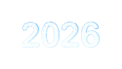 Bold, icy blue digits spell "2026" against a stark black backdrop