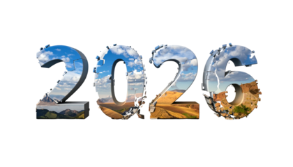 Three-dimensional metallic number "2026" filled with diverse landscapes