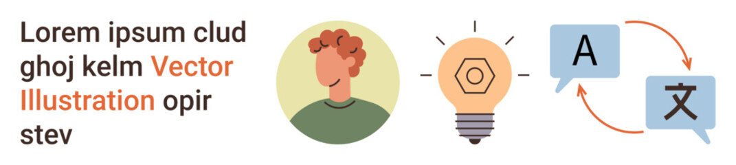 Language learning, creativity, knowledge sharing, communication, innovation, interpretation. Person icon, light bulb speech bubbles with translation symbols. Language learning and creativity concept © robu_s