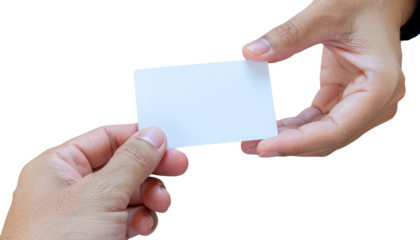 Hands exchanging a small rectangular white card or paper, close up view, with a bright and clean look pure white background cutout