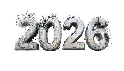 Futuristic 2026 silver metallic text disintegrating, isolated on black