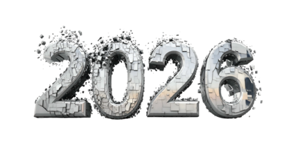Futuristic 2026 silver metallic text disintegrating, isolated on black