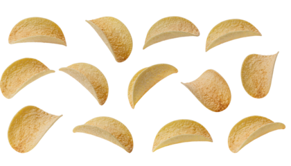 Scattered arrangement of multiple crescent shaped yellow objects on a plain white surface, some are alpha channel with white background