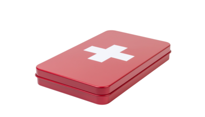 Red first aid kit with a white cross symbol on top, a compact medical supply container for emergencies product shot isolated