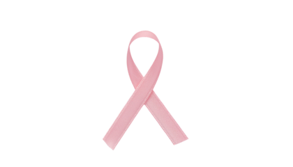 A pink ribbon symbol is presented in a soft focus, centered and isolated against a plain background, simple and on white and transparent