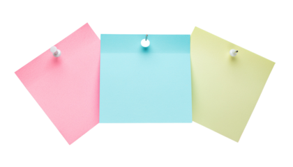 Three square sticky notes in pink blue and yellow colors arranged in a row visible on a bright surface white background cutout