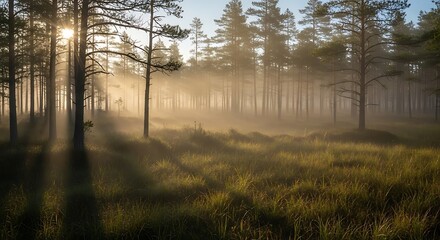 Misty forest landscape at sunrise with trees.