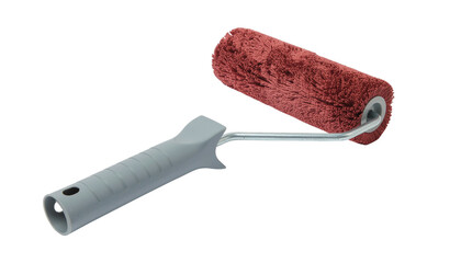 A paint roller with a red roller and a gray handle is angled on the right side of the frame with visible solid white background and no background