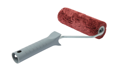 A paint roller with a red roller and a gray handle is angled on the right side of the frame with visible solid white background and no background