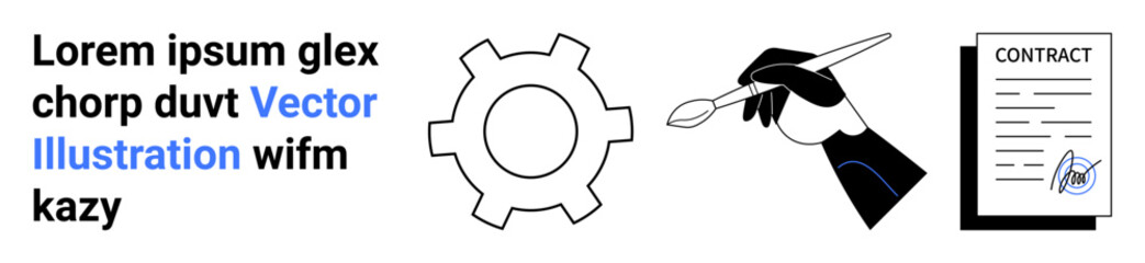 Hand with brush painting gear symbolizing creativity and innovation, signed contract signifying agreement, placeholder text for layout. Ideal for creativity, design, engineering, agreements © robu_s