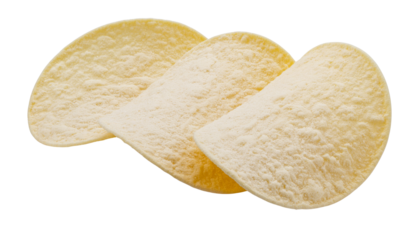 Three light yellow, stacked, rounded objects with slight shadows, against a white background product shot isolated