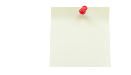 A square yellow sticky note is attached with a red push pin on a surface, capturing a simple memorandum or reminder white background cutout