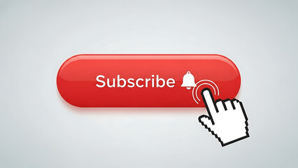 Vibrant red subscribe button with an active notification bell and a clicking hand cursor, symbolizing online content subscription and digital engagement for multimedia platforms