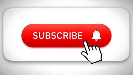 Vibrant red 'Subscribe' button graphic with a notification bell icon, and a pointer hand clicking it, signifying user engagement and digital content alerts for online platforms