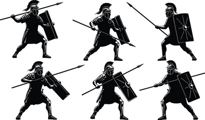 Roman soldier battle silhouette set, ancient warrior holding spear and shield, historic combat poses, legion fighter illustration for graphic design