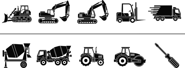 Black Construction Vehicle Silhouette Icon Set Featuring Bulldozer Excavator Forklift Delivery Truck Cement Mixer Tractor Road Roller And Manual Hand Tool © Md
