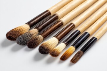 Fototapeta premium Collection of various makeup brushes with wooden handles and soft bristles arranged diagonally on a white background