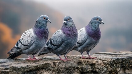 Obraz premium Serene Close-up of Three Gray Pigeons Perched Peacefully on Stone Wall