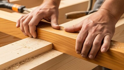 Skilled carpenter shaping wood with precision, crafting lumber with hands