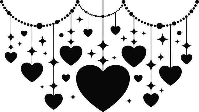 Black heart silhouette hanging garland background with stars, romantic decorative border for Valentine's Day greeting cards, wedding invitations, and love banners