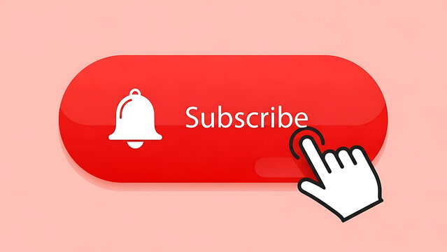 Clicking animated red subscribe button with a notification bell, signaling new content. A user's cursor hand engages with the digital subscription interface - Powered by Adobe