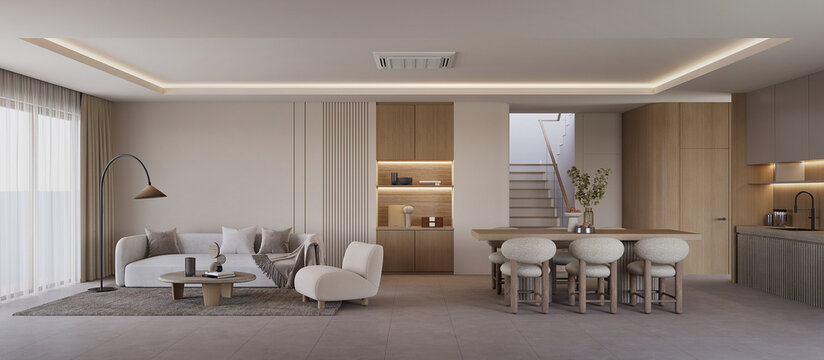 Panorama living and dining room. interior design. 3d rendering