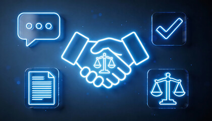 glowing blue neon handshake icon with internal justice scales and digital legal symbols for online dispute resolution virtual mediation arbitration and smart contract agreement