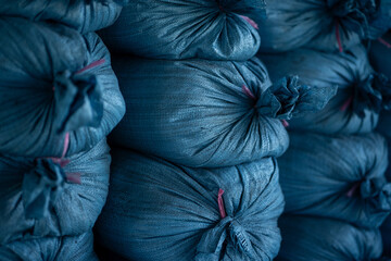 Blue fabric bags stacked neatly, showcasing their texture and color. image conveys sense of organization and industrial storage