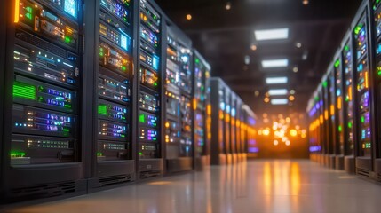 Rows of server racks in a modern data center with colorful lights