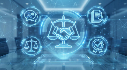 futuristic holographic display of digital dispute resolution with glowing handshake icon and justice scales in modern office for virtual legal mediation and online arbitration