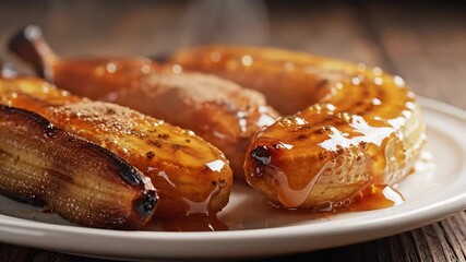 Deliciously caramelized grilled bananas also known as plantains generously drizzled with a rich sweet and glossy sauce creating a mouthwatering tropical dessert or snack served warm on a pristine whi.