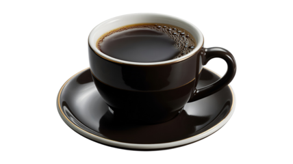 A shiny black coffee cup and saucer filled with dark brown coffee on a white background, perfect for morning routine, caffeine, and beverage concepts with drink