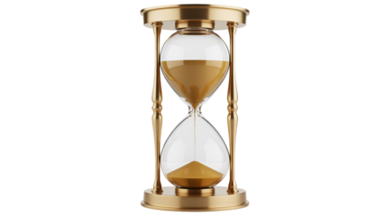 Luxury gold hourglass with glass bulbs and ornate metal frame on white background, symbolizing time, patience, and elegance in a sophisticated decorative piece for business or home use