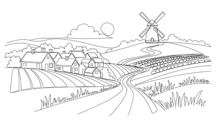 Obraz premium Rural Landscape with Windmill and Houses Line Art Illustration