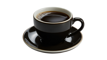 A black coffee cup and saucer on a white background, filled with hot coffee with beverage and drink and morning and breakfast and isolated and caffeine and closeup