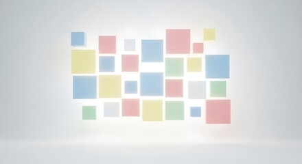 Multiple pastel colored squares float illuminated against a soft white background