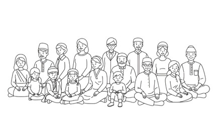 Indian Family Gathering Together in Traditional Clothing Line Art
