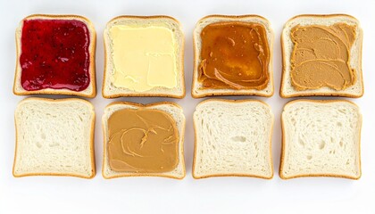 Four bread slices in grid layout—jelly with butter, peanut butter, and two plain—on white background.