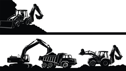 Black silhouette vector illustration of heavy construction machinery including excavators, dump trucks and backhoes working on a busy industrial site. © Md