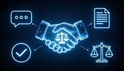 Digital law and legal technology concept with neon glowing handshake scale of justice document and check mark icons representing online smart contract and judicial agreement