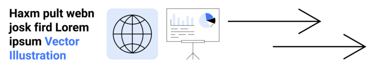 Obraz premium Data sharing, global communication, information flow, presentation design, workflow optimization, analytics. Globe icon, presentation board and arrows. Data sharing and global communication concept