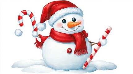Adorable painted snowman character wearing a fuzzy red Santa hat and warm scarf while holding two festive red and white striped candy canes for a winter holiday design