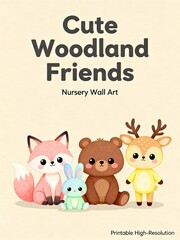 Adorable woodland animal illustration featuring bear, fox, bunny, and deer in soft pastel colors. Perfect for nursery wall art, kids room decor, baby posters, educational prints, and printable artwork