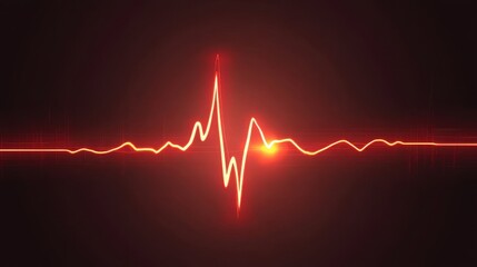 Vibrant red glowing neon electrocardiogram heartbeat rhythm line symbolizes intense vital activity against a dark mysterious background abstract concept